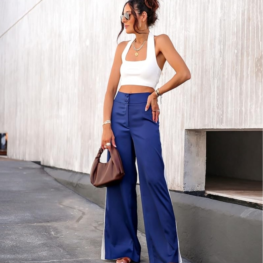 NWT The Drop x @LucysWhims High Waist Contrast Trim Wide-Leg Pant | Blue, Small